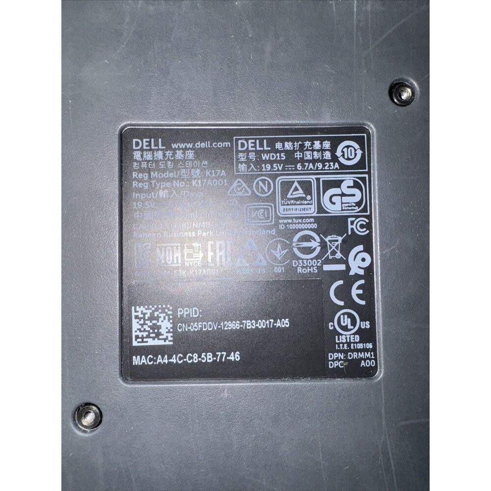 Dell Dock WD15 USB-C Wit Power Adapter Included
